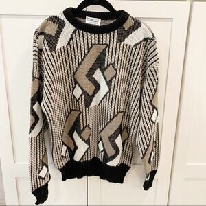 Vintage 80s 90s Geometric Knit Marks Sweater Black White Taupe Large